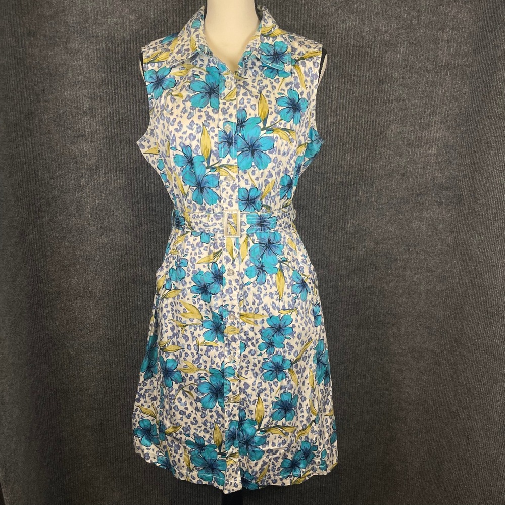 White Stag Floral Midi Shirt Dress Womens 16 Blue White Belted Retro Summer
